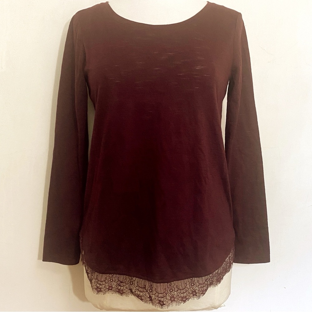 LC Lauren Conrad Brown Nubby Lightweight Lace Trim Bow Back Long Sleeve Top S